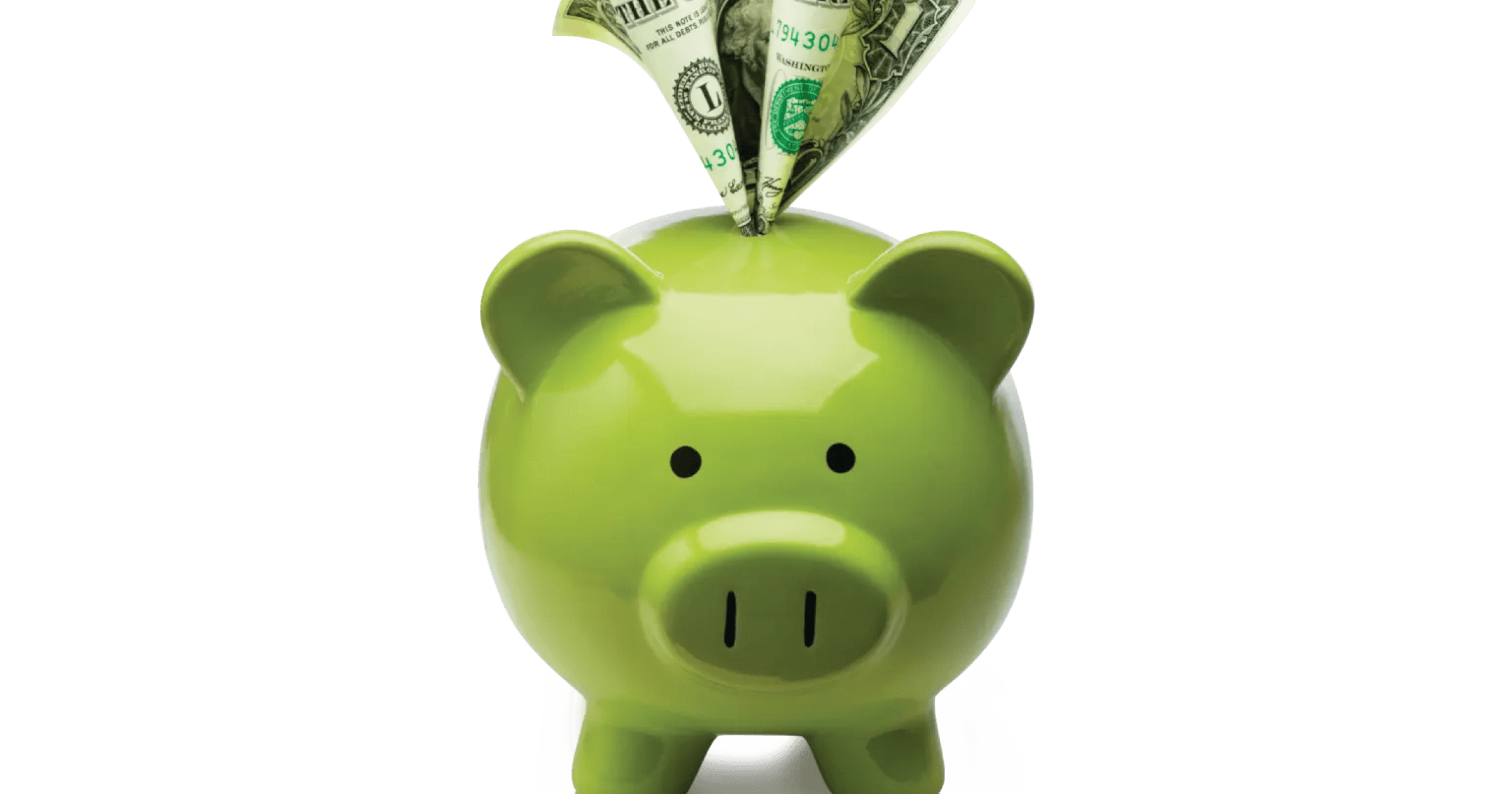 Green piggy bank is displayed against a white background.