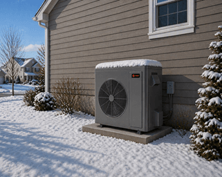 Trane’s New Cold Climate Heat Pump is shown outside of a home in the winter.