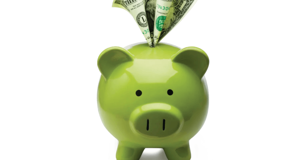 Green piggy bank is displayed against a white background.