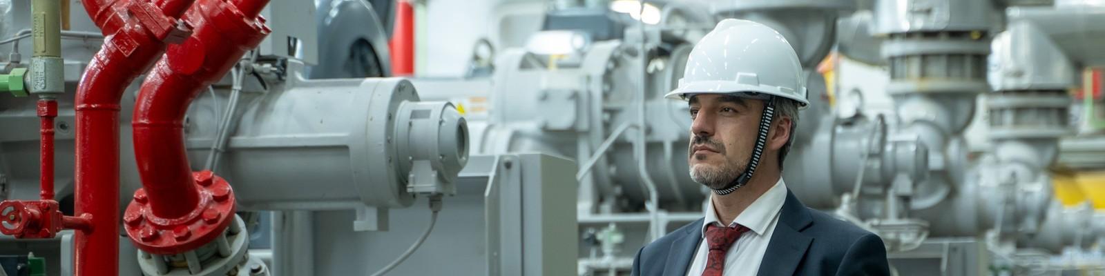 An HVAC technician with a white hard hat is standing in a heating room.