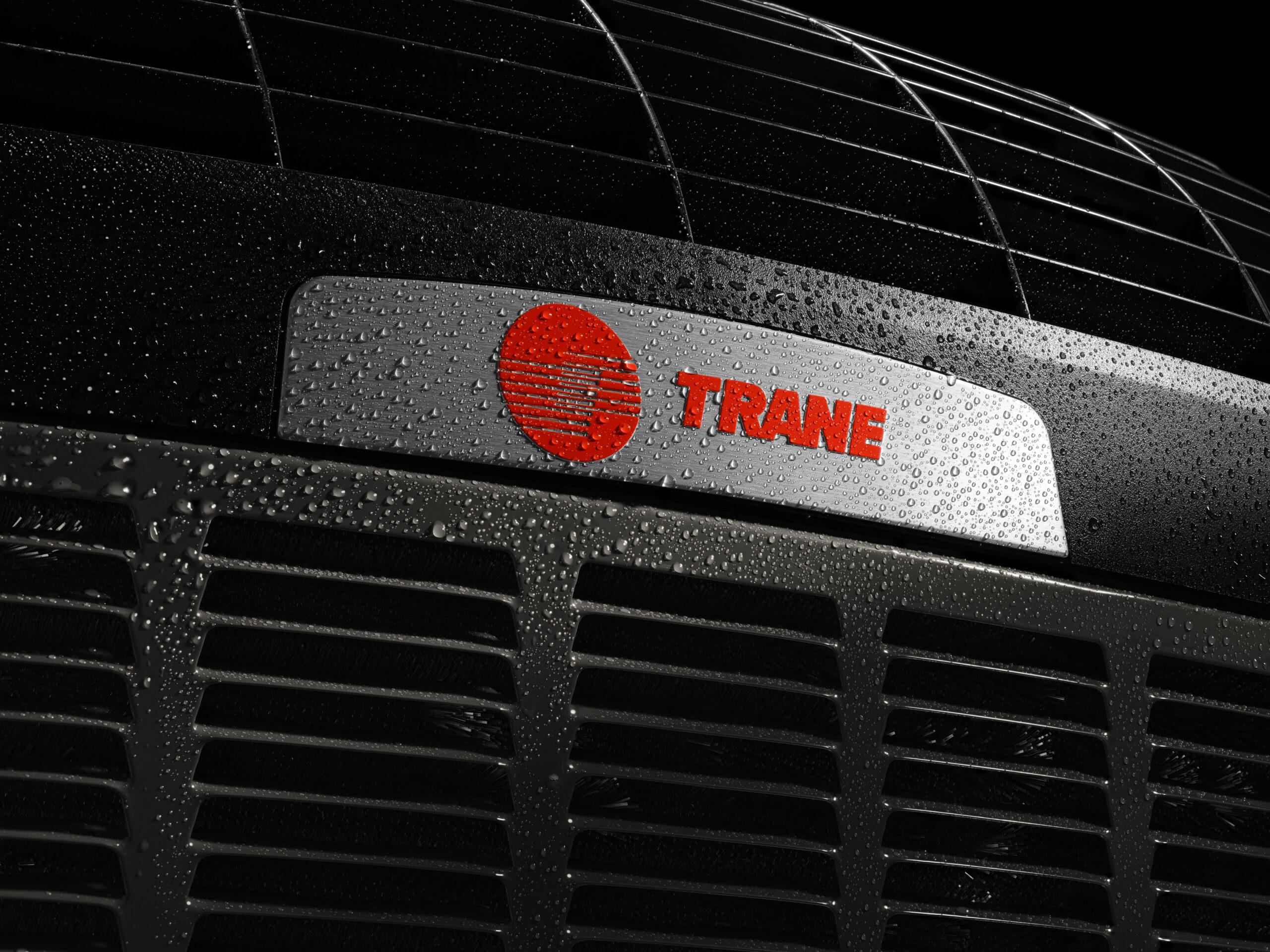 There is a closeup of a Trane air unit.