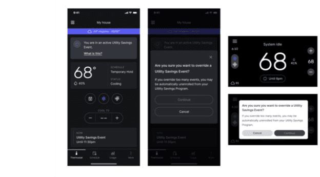 Smartphone screenshots displaying the choice to opt out of a Utility Savings Event.